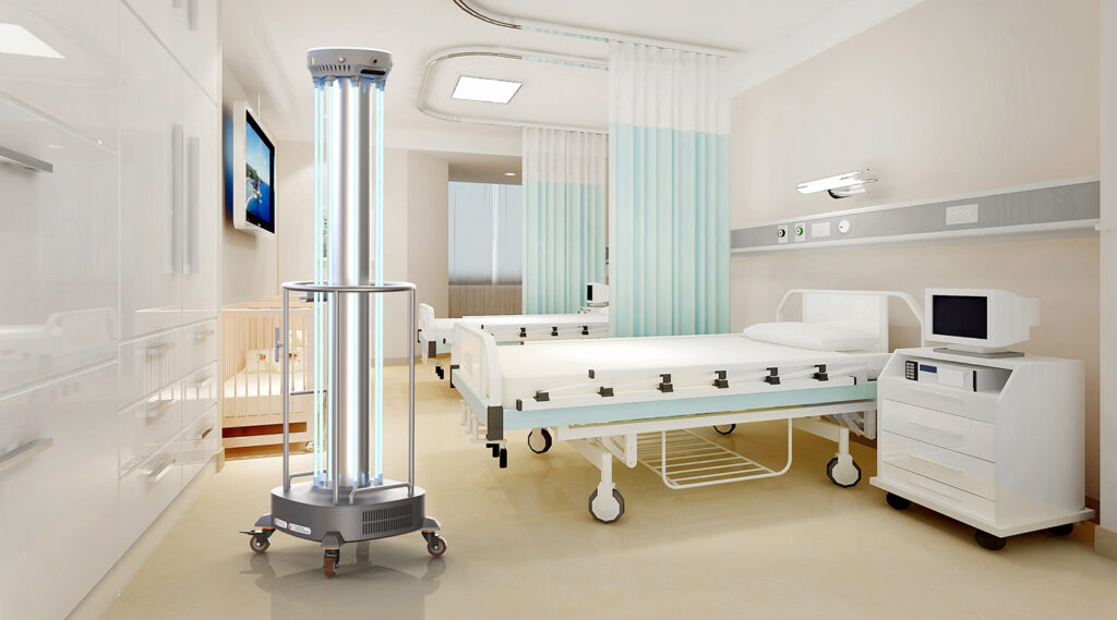The ADIBOT S1 stationary UV-C disinfection robot with UV-C lamps turned on in a hospital patient room.
