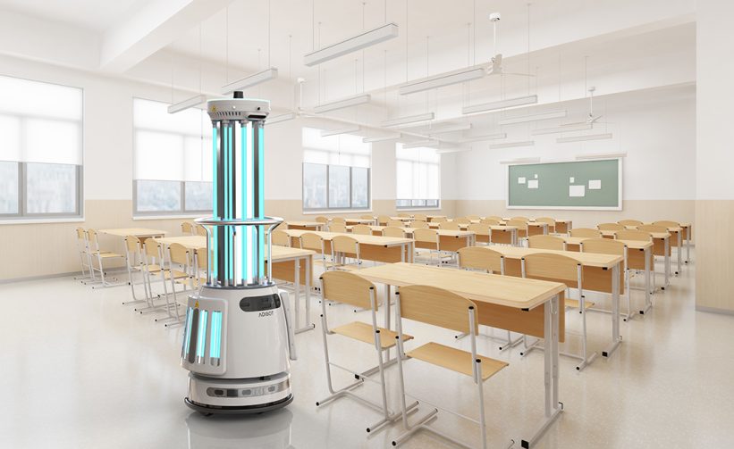 The ADIBOT A1 fully autonomous UV-C disinfection robot disinfecting a classroom in a school.