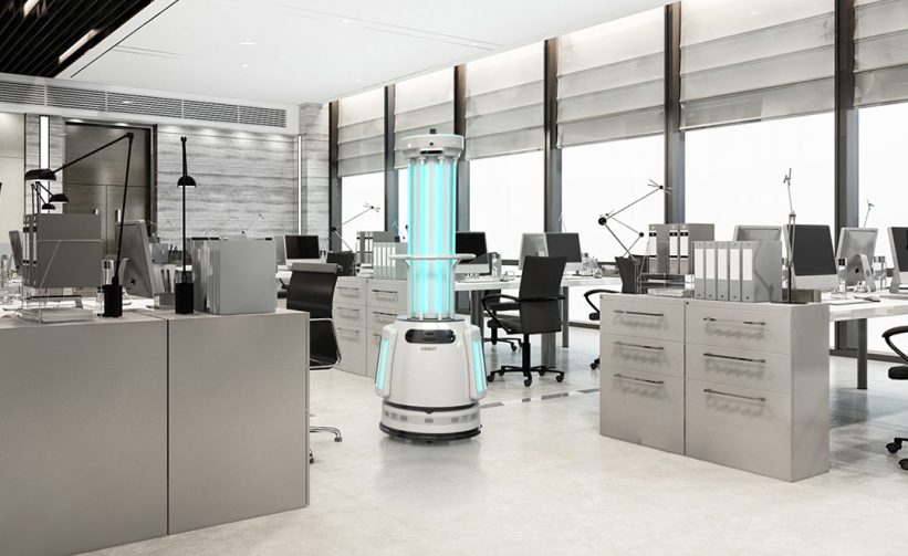 The ADIBOT A1 fully autonomous UV-C disinfection robot disinfecting an office space.